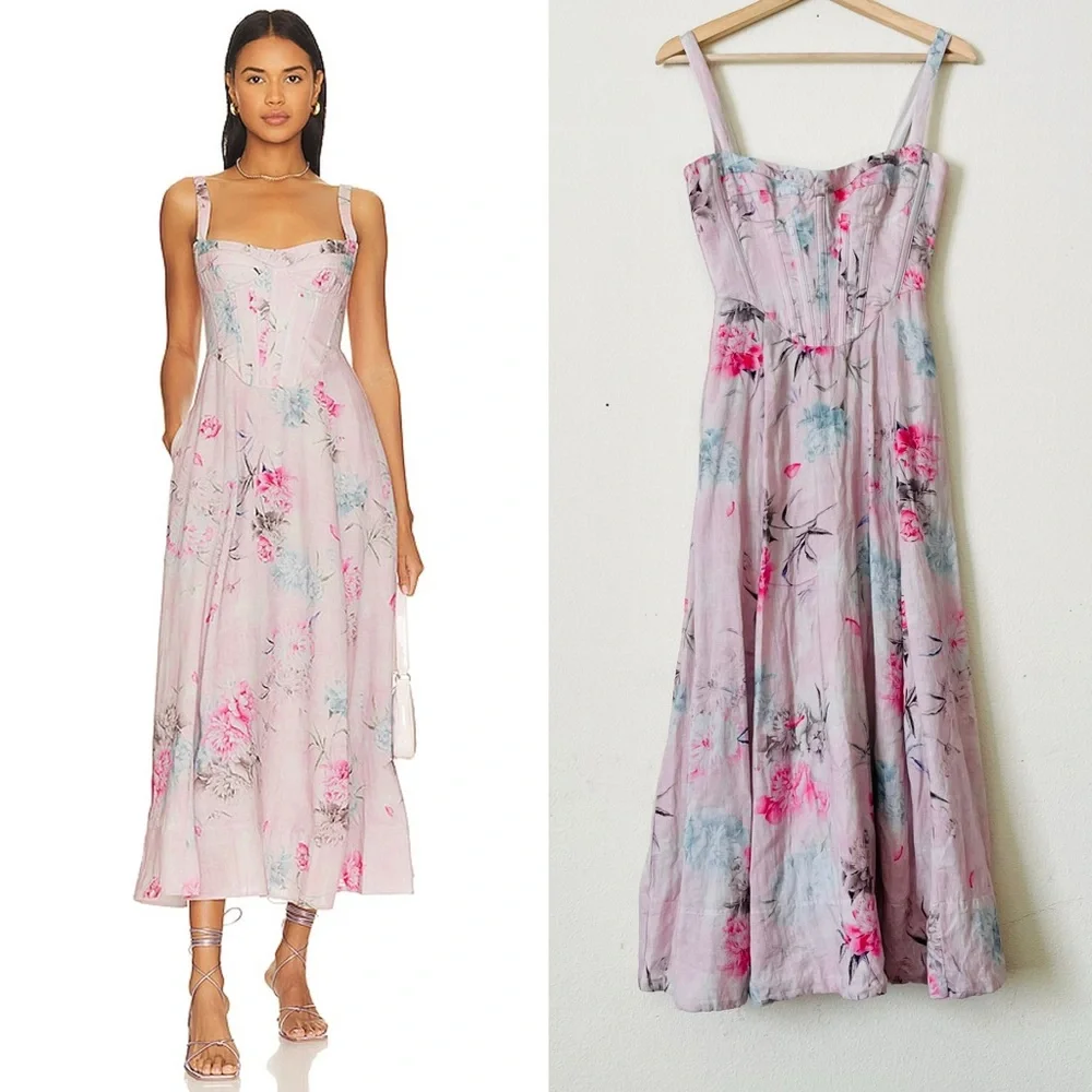 Bardot XS Adeline Brodarie Corset midi dress in Garden Floral pink - Picture 1 of 7